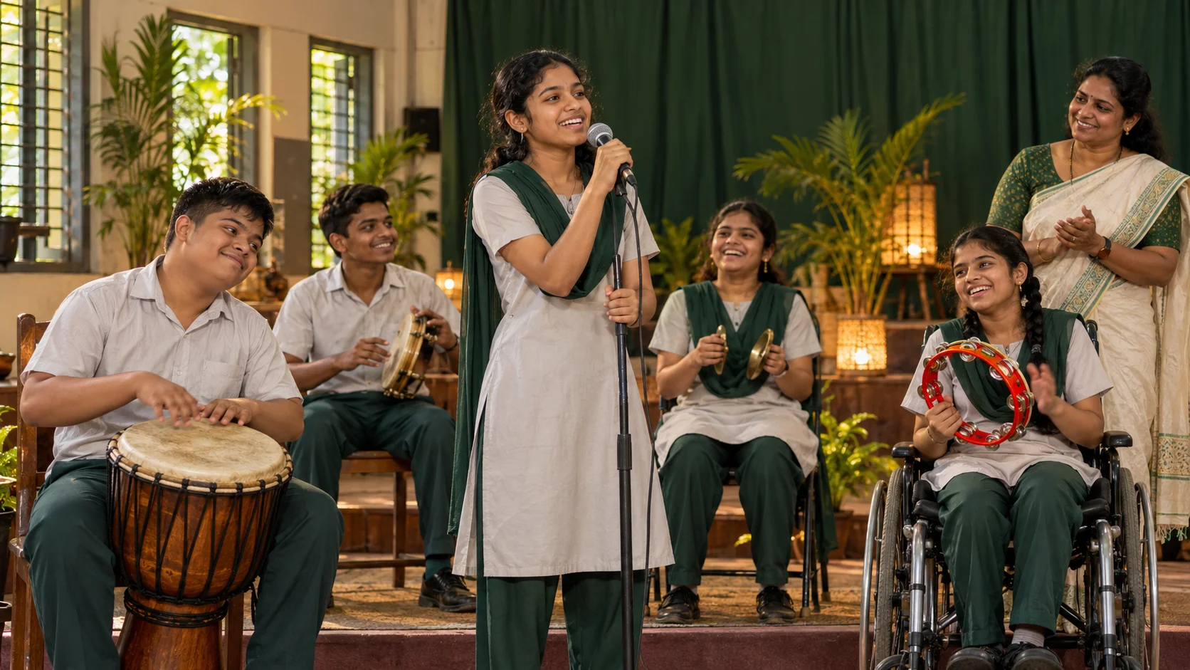 AI-generated photograph of students sharing music and creative expression at an imagined school gathering