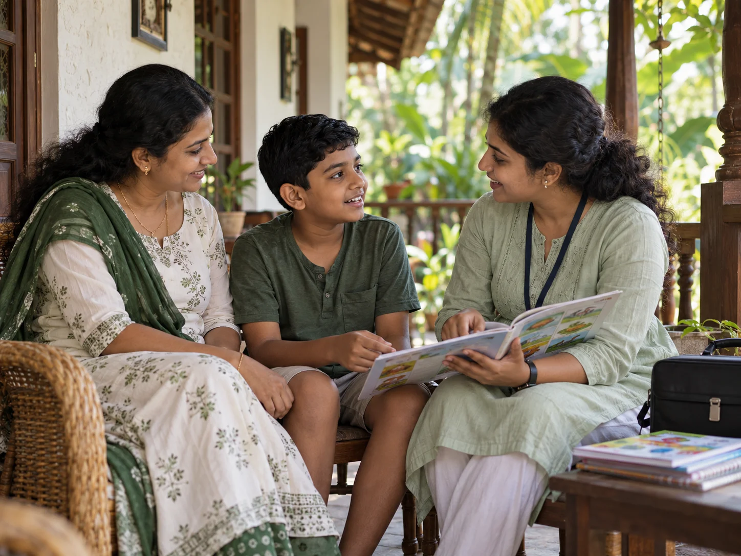 AI-generated photograph of a family and community care worker sharing a learning book