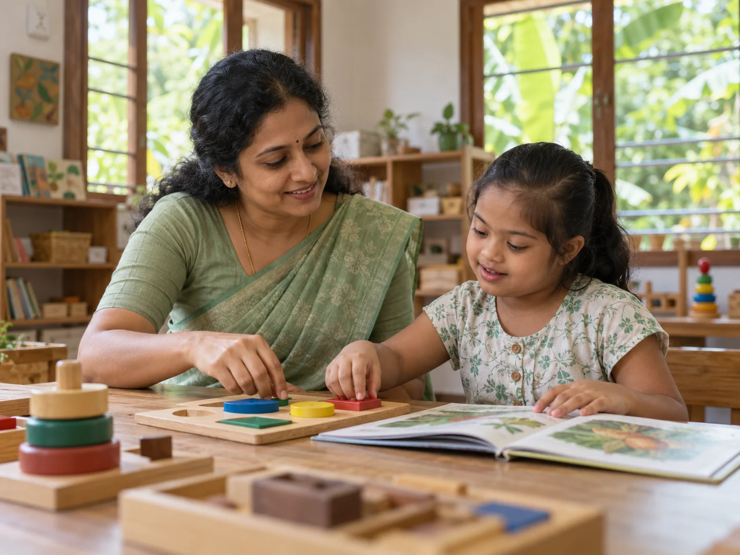 AI-generated photograph of a teacher and child exploring hands-on learning materials