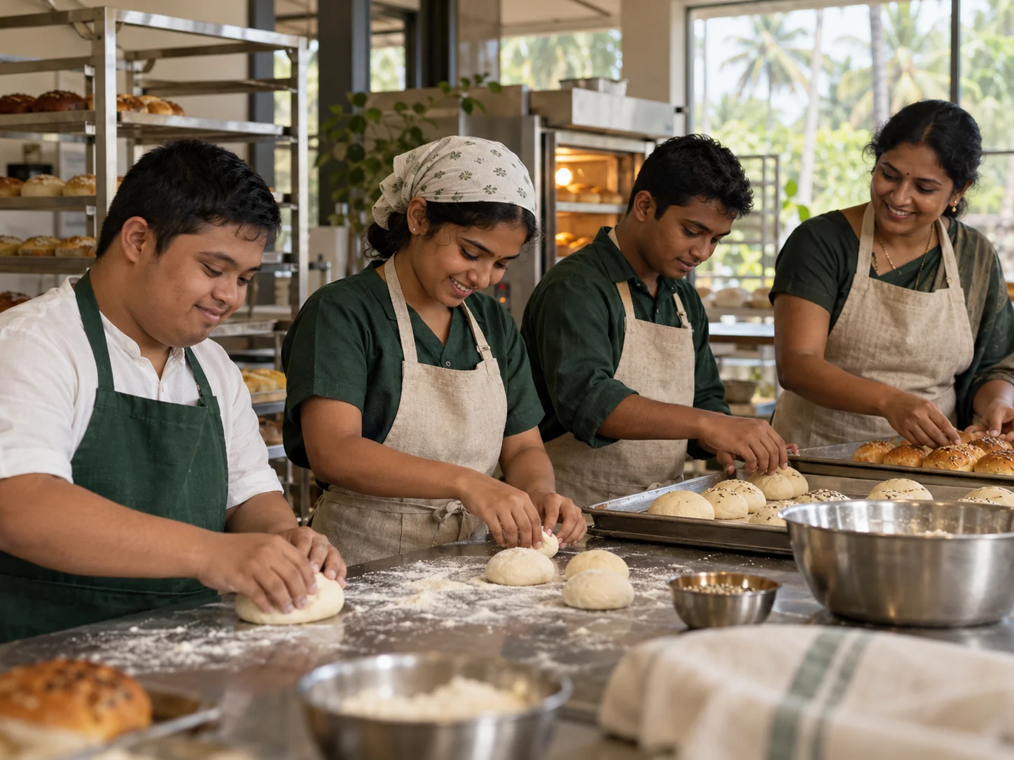 AI-generated photograph of young adults learning baking skills with an instructor